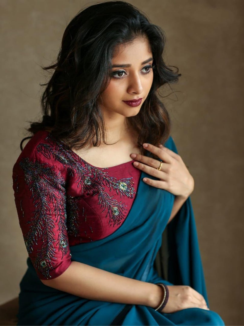 Blue pure georgette satin lace border saree with handwork blouse