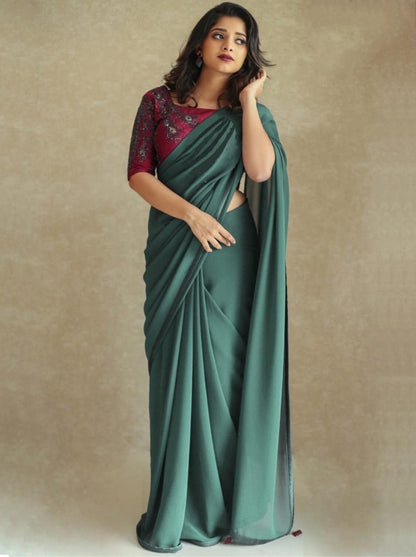 Blue pure georgette satin lace border saree with handwork blouse