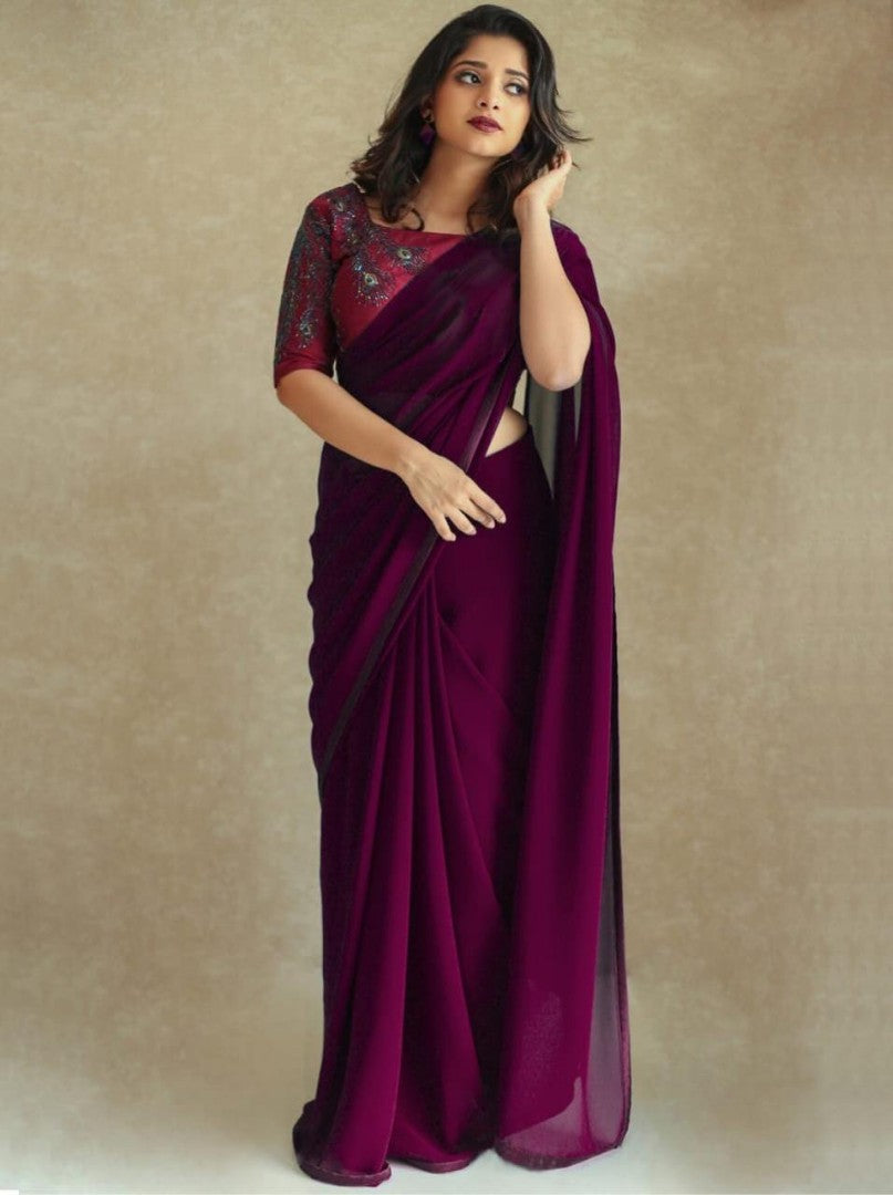 Blue pure georgette satin lace border saree with handwork blouse