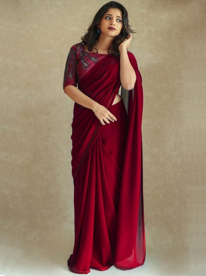 Blue pure georgette satin lace border saree with handwork blouse