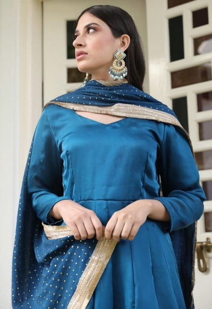 Blue rangoli satin plain partywear anarkali suit