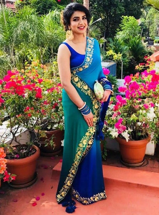 blue rangoli silk embroidered border partywear saree