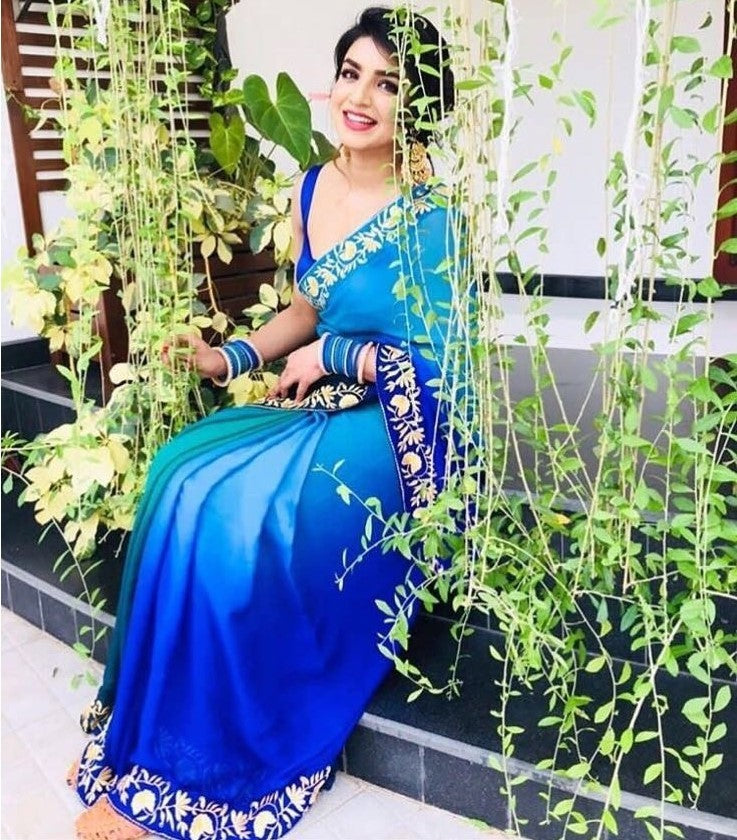 blue rangoli silk embroidered border partywear saree