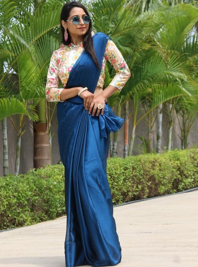 Blue rangoli silk party wear saree with embroidered blouse