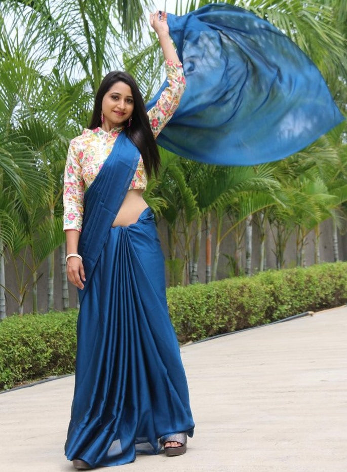 Blue rangoli silk party wear saree with embroidered blouse