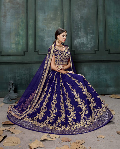 Blue raw silk heavy dori and sequence work wedding lehenga
