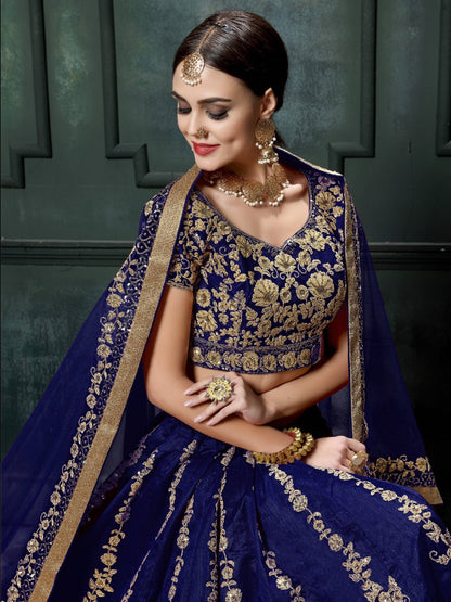 Blue raw silk heavy dori and sequence work wedding lehenga