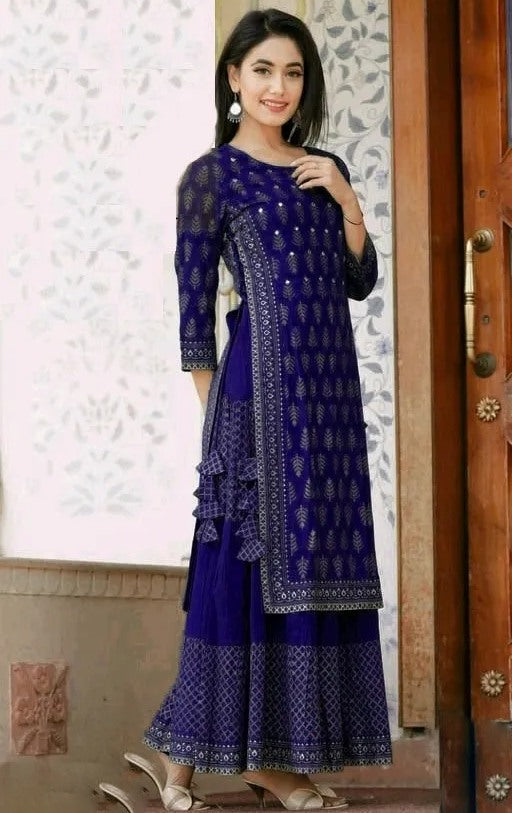 Blue rayon printed palazzo kurti