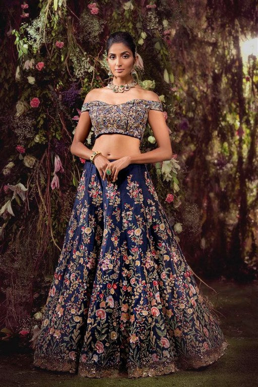 blue rubi silk heavy embroidered wedding bridal lehenga