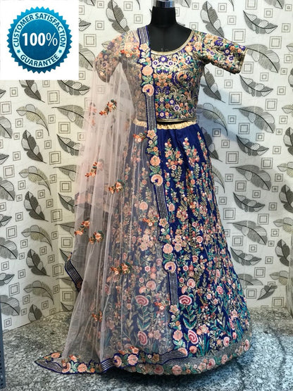 blue rubi silk heavy embroidered wedding bridal lehenga