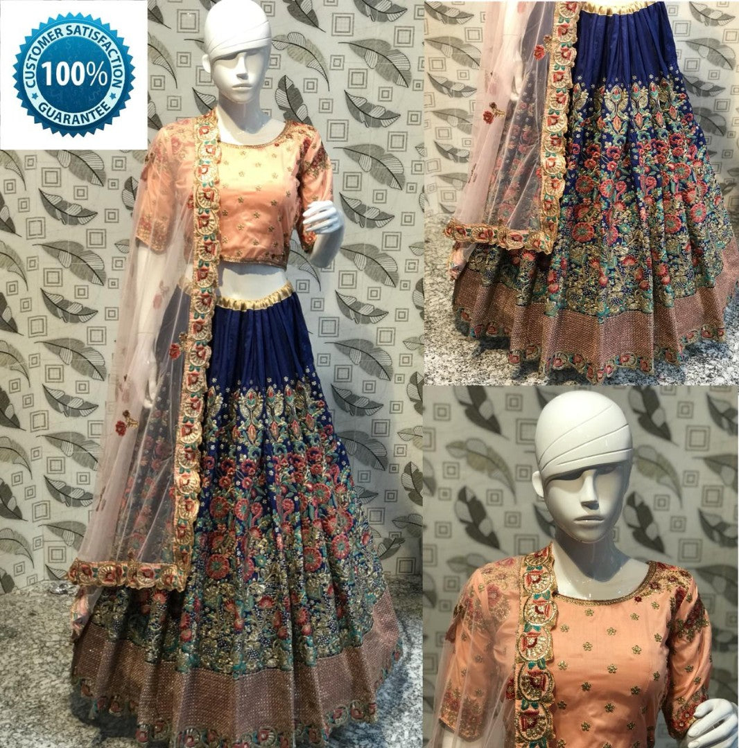 blue ruby silk heavy multi threadwork designer bridal lehenga