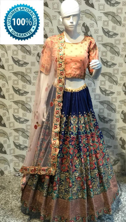 blue ruby silk heavy multi threadwork designer bridal lehenga