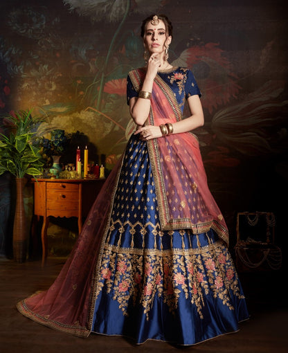 blue satin designer embroidered wedding lehenga choli