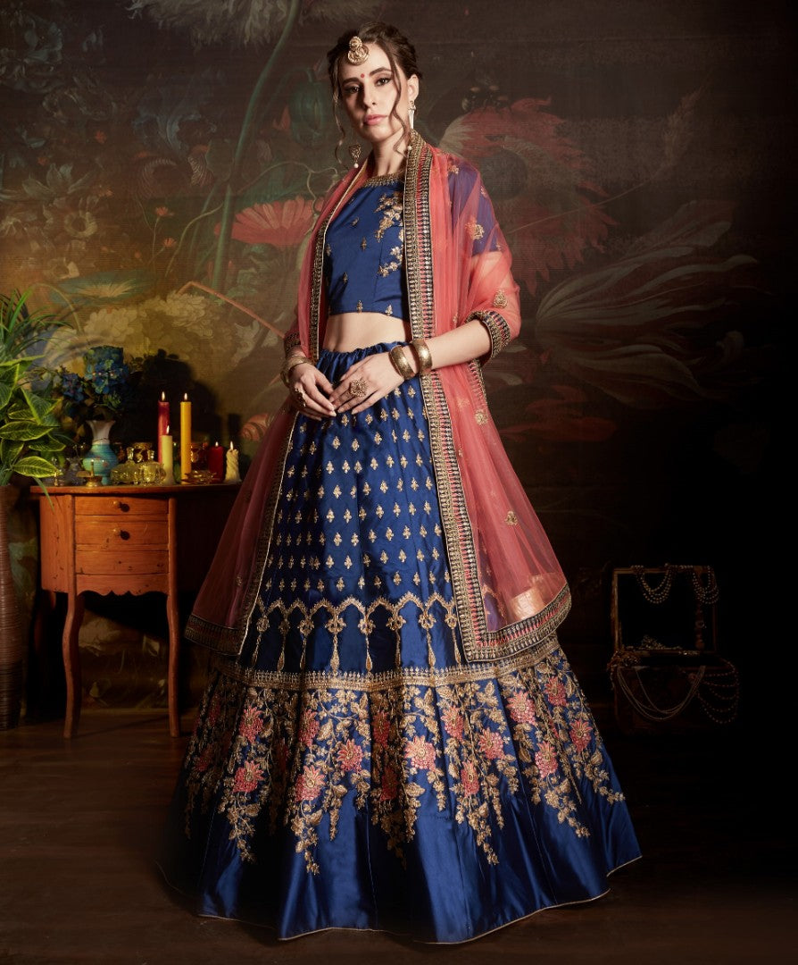 blue satin designer embroidered wedding lehenga choli