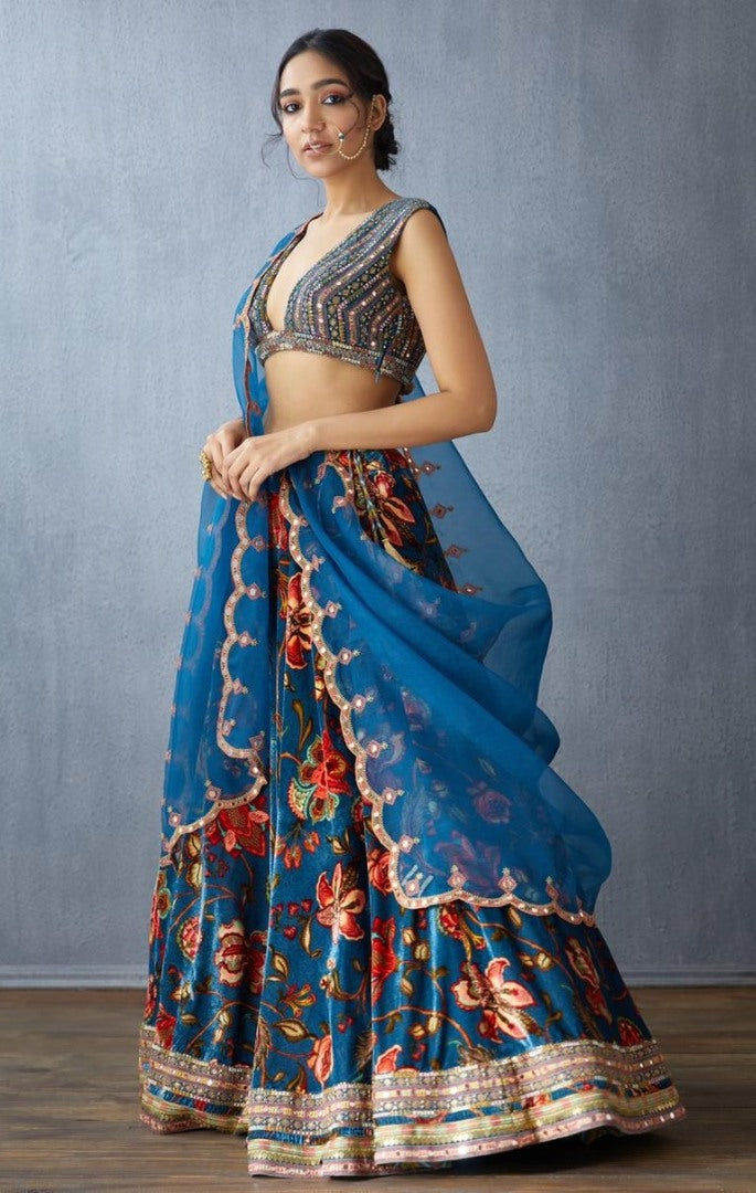 Blue satin digital print stone work lehenga choli