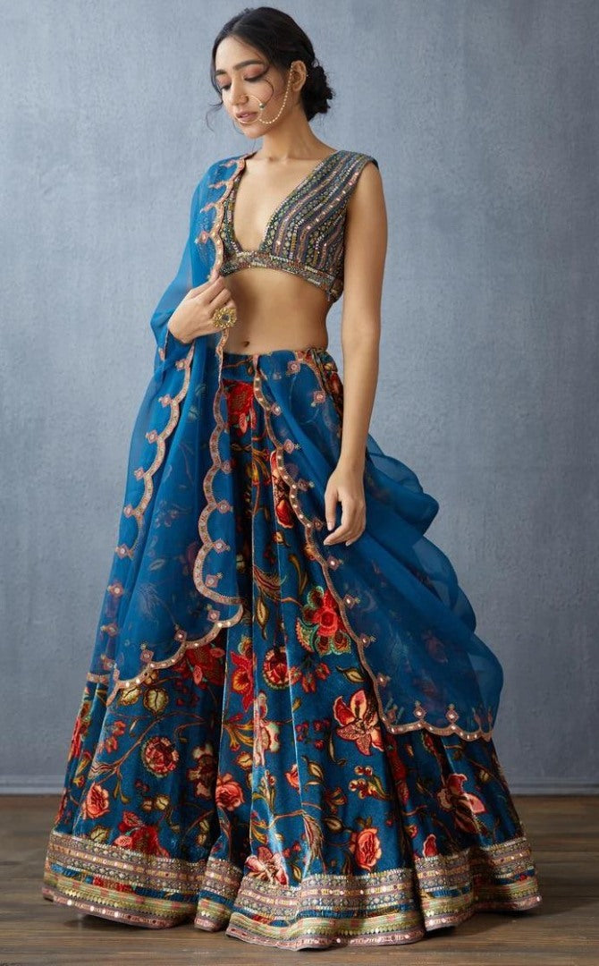 Blue satin digital print stone work lehenga choli
