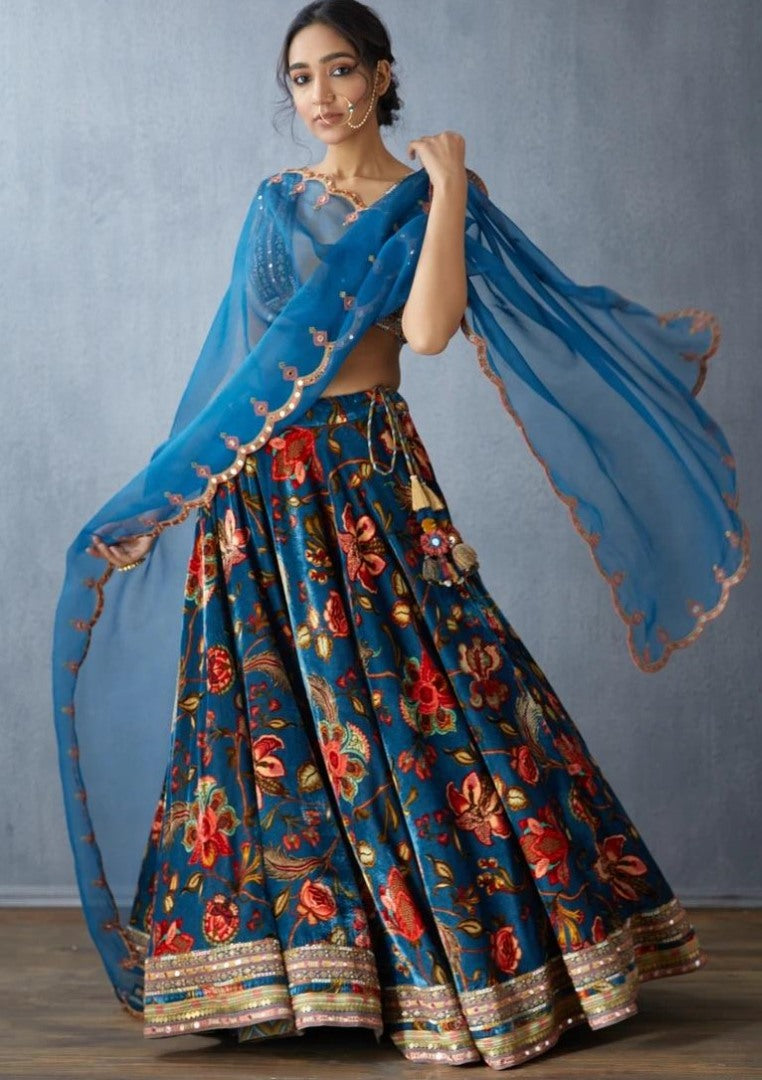 Blue satin digital print stone work lehenga choli