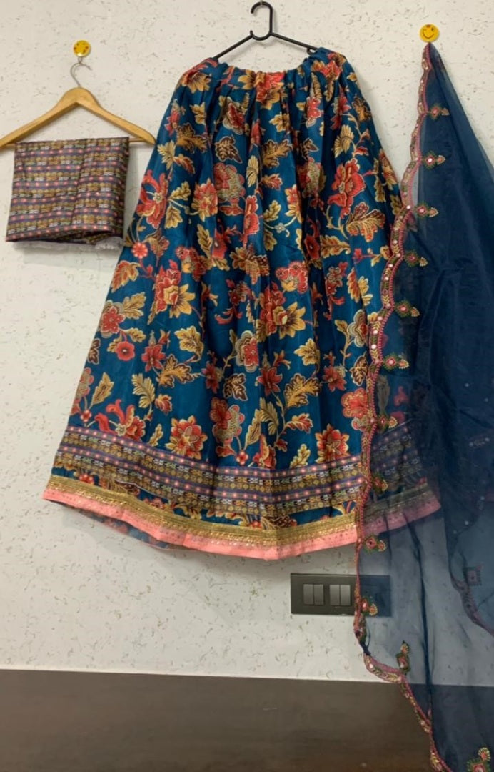 Blue satin digital print stone work lehenga choli
