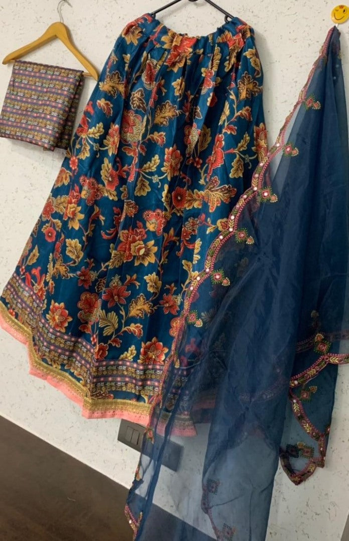 Blue satin digital print stone work lehenga choli