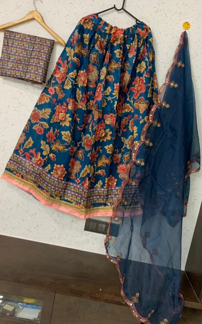 Blue satin digital print stone work lehenga choli