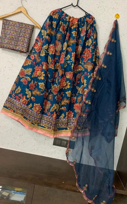 Blue satin digital print stone work lehenga choli
