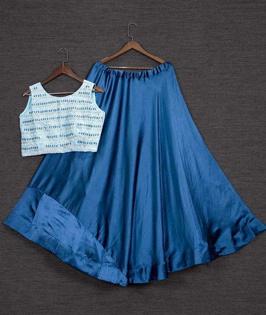 Blue satin party wear crop top lehenga