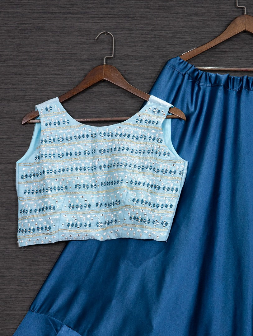 Blue satin party wear crop top lehenga