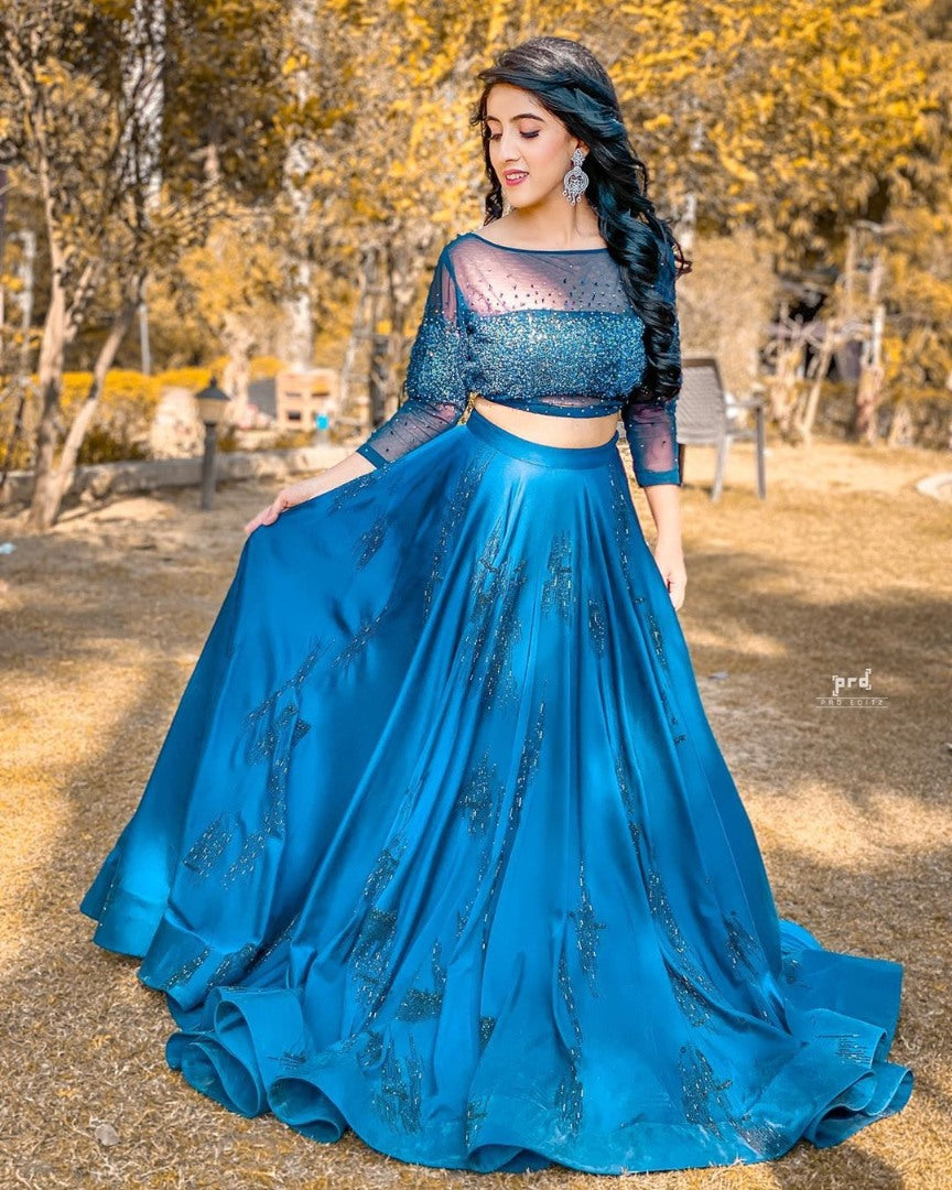 Blue satin taffeta silk sequence and thread embroidery lehenga choli