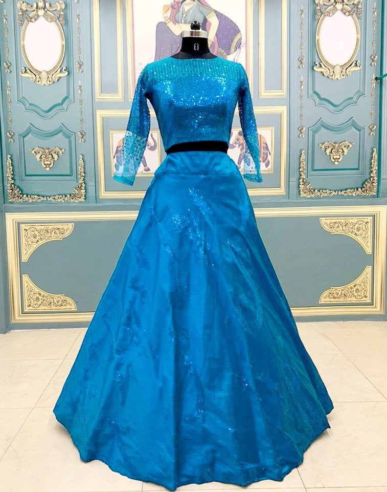 Blue satin taffeta silk sequence and thread embroidery lehenga choli