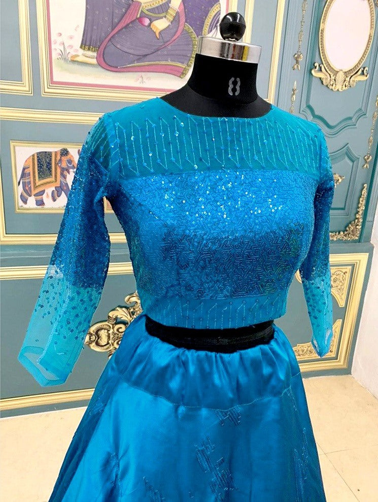 Blue satin taffeta silk sequence and thread embroidery lehenga choli