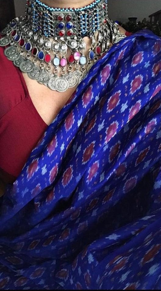 Blue semi chanderi linen digital printed saree