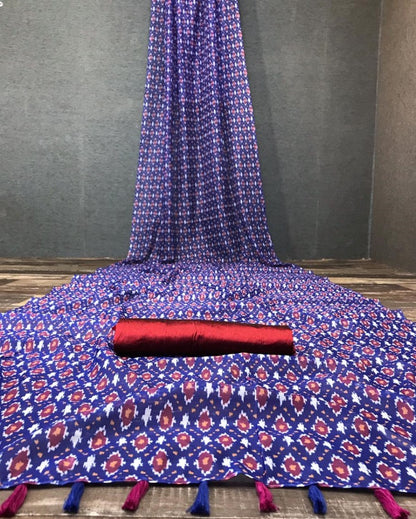 Blue semi chanderi linen digital printed saree