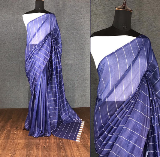 Blue semi chanderi linen digital printed work saree
