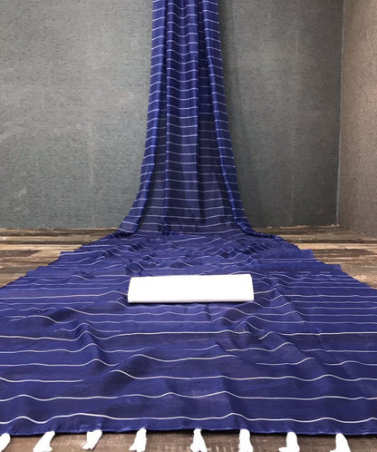 Blue semi chanderi linen digital printed work saree