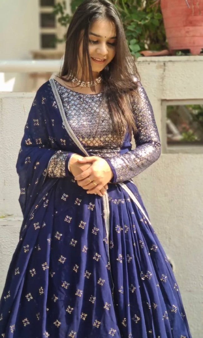 Blue sequence embroidery worked wedding lehenga choli