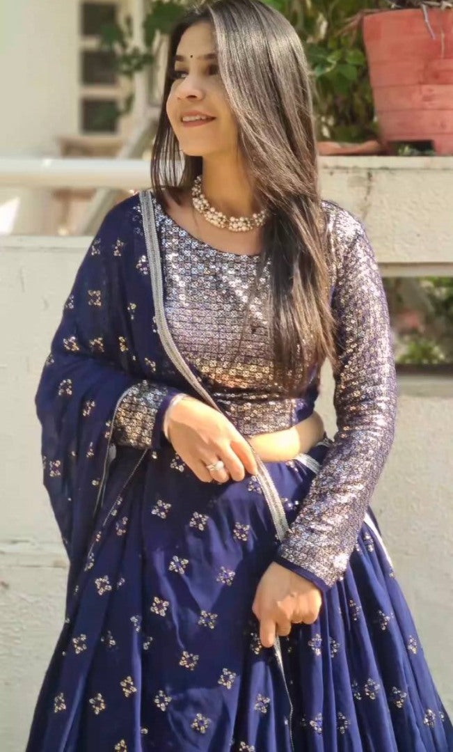 Blue sequence embroidery worked wedding lehenga choli
