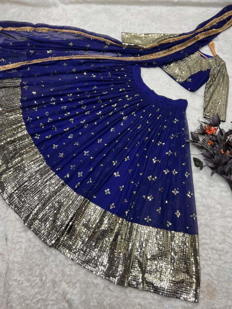 Blue sequence embroidery worked wedding lehenga choli
