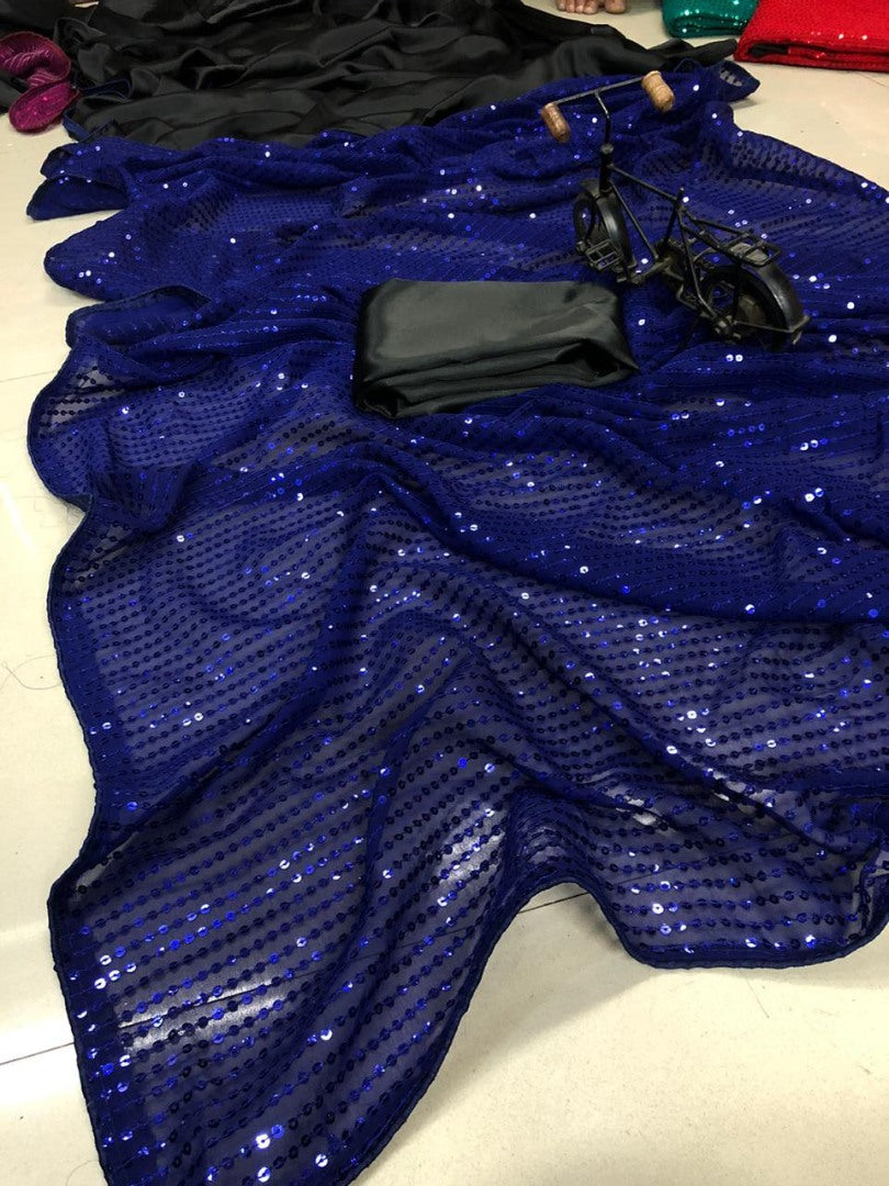 Blue sequence work and black half half glamorous saree