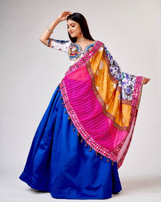 Blue silk real mirror thread work navratri garba chaniya choli