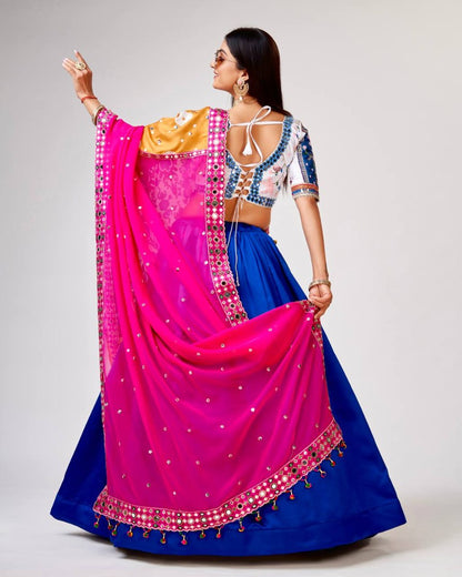 Blue silk real mirror thread work navratri garba chaniya choli
