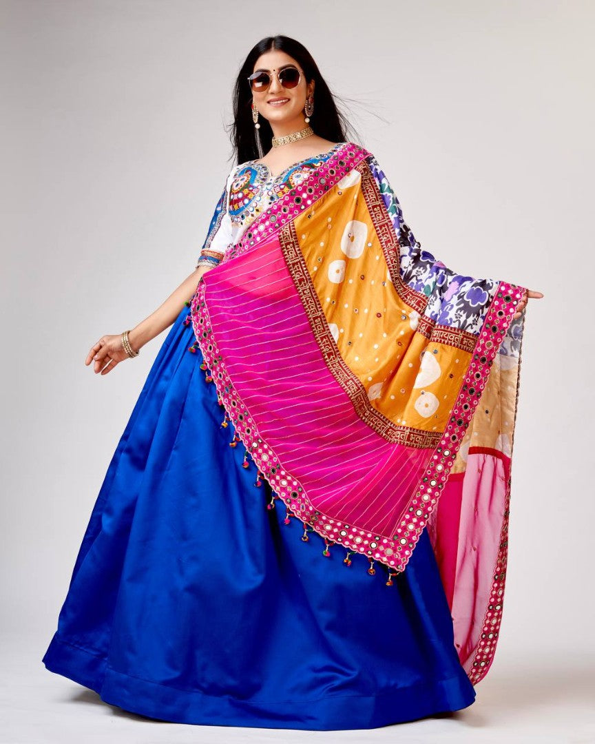 Blue silk real mirror thread work navratri garba chaniya choli
