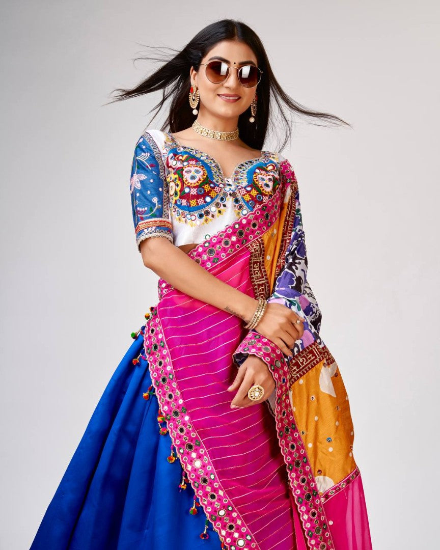 Blue silk real mirror thread work navratri garba chaniya choli