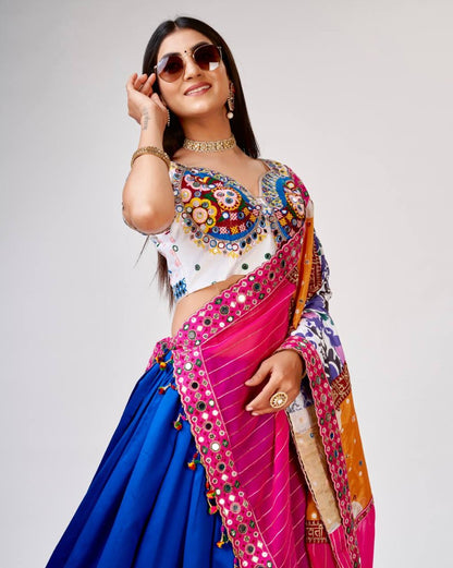 Blue silk real mirror thread work navratri garba chaniya choli