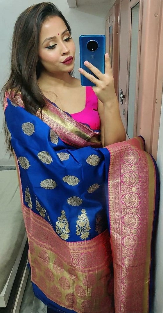 Blue soft kanjiwaram jacquard weaving work ceremonial saree