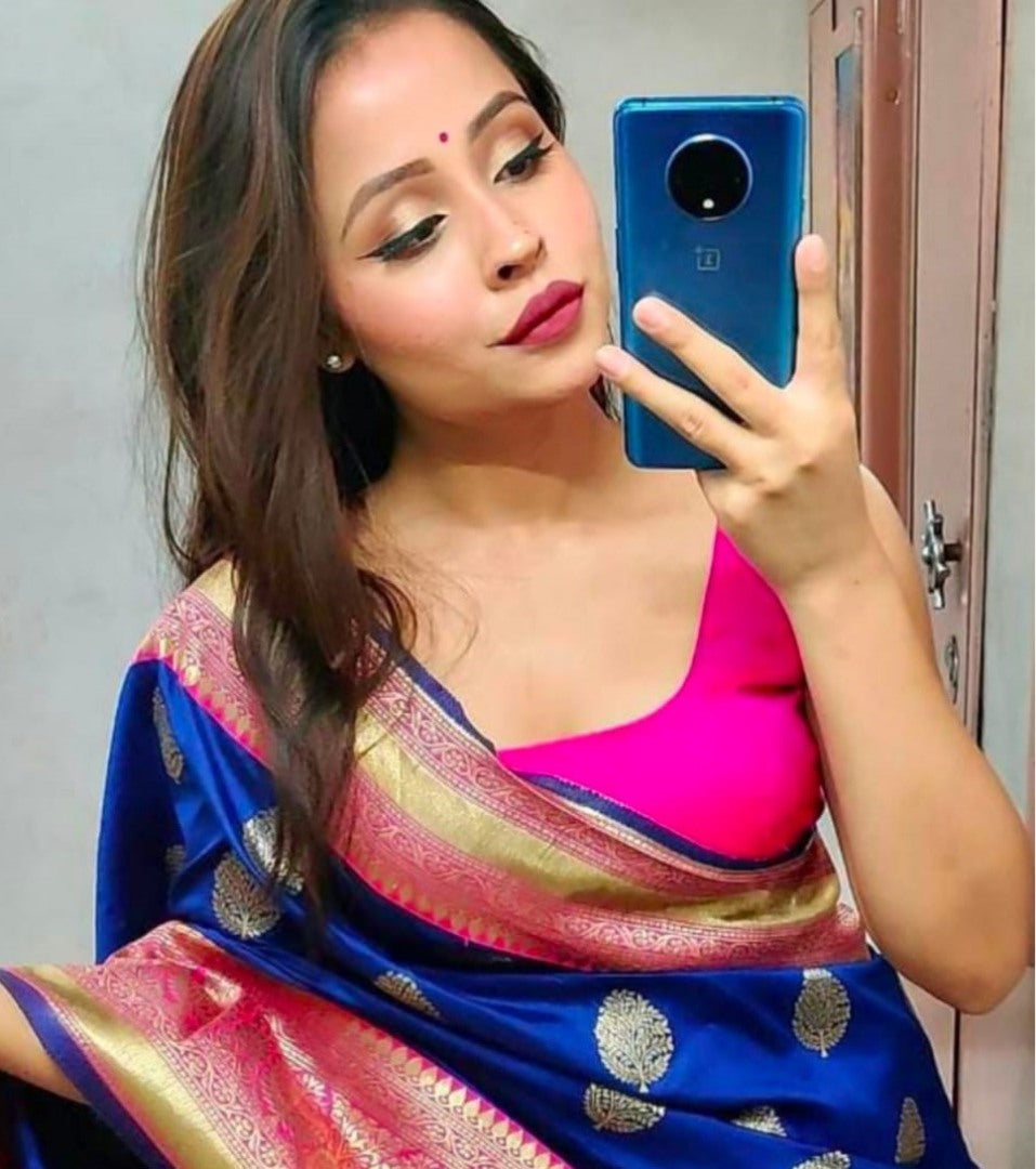 Blue soft kanjiwaram jacquard weaving work ceremonial saree