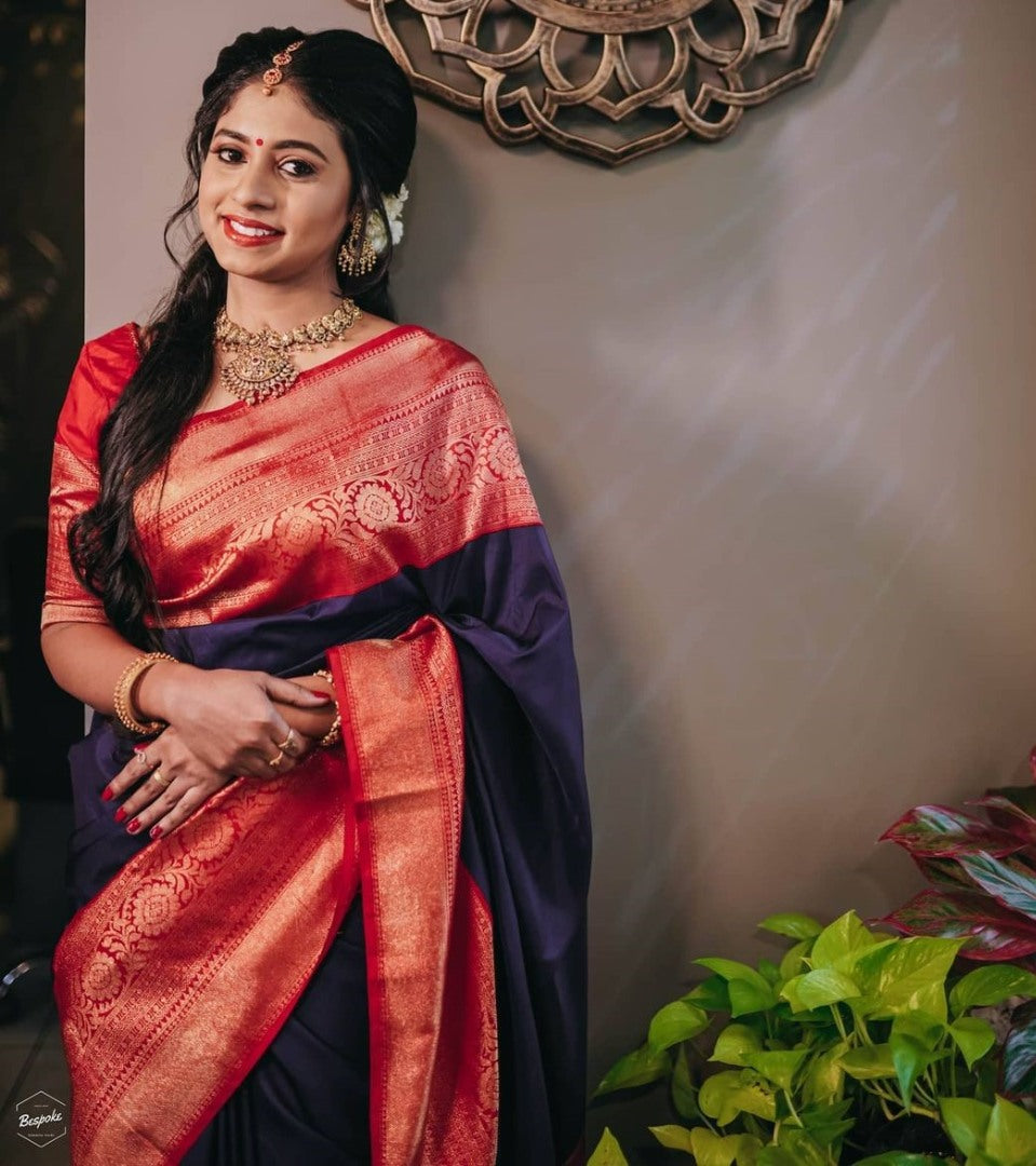 Blue soft lichi silk jacquard weaving work wedding saree