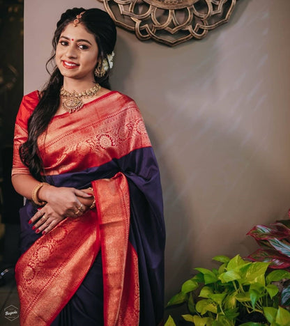 Blue soft lichi silk jacquard weaving work wedding saree