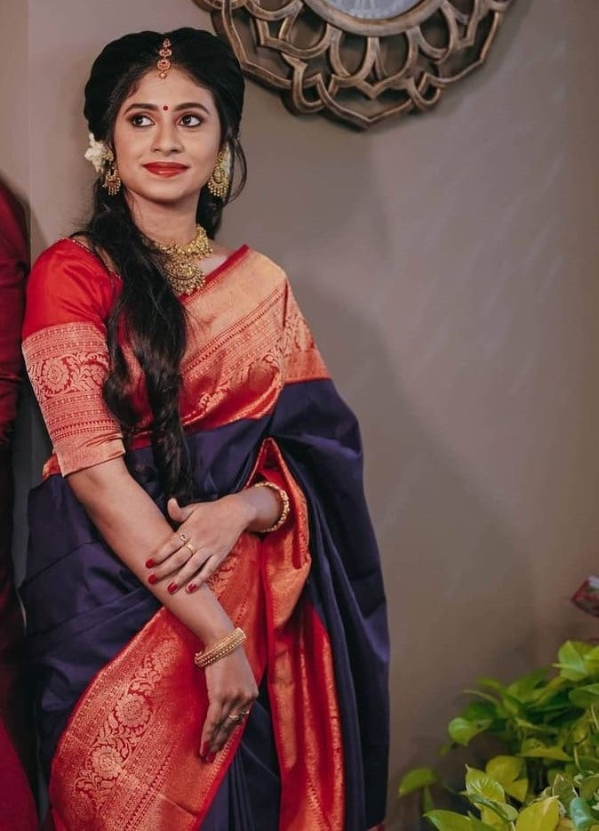 Blue soft lichi silk jacquard weaving work wedding saree