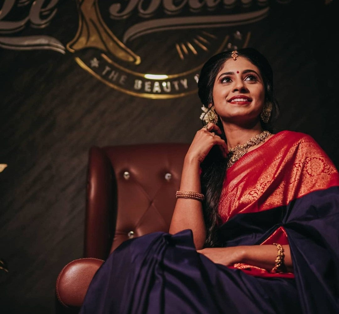 Blue soft lichi silk jacquard weaving work wedding saree