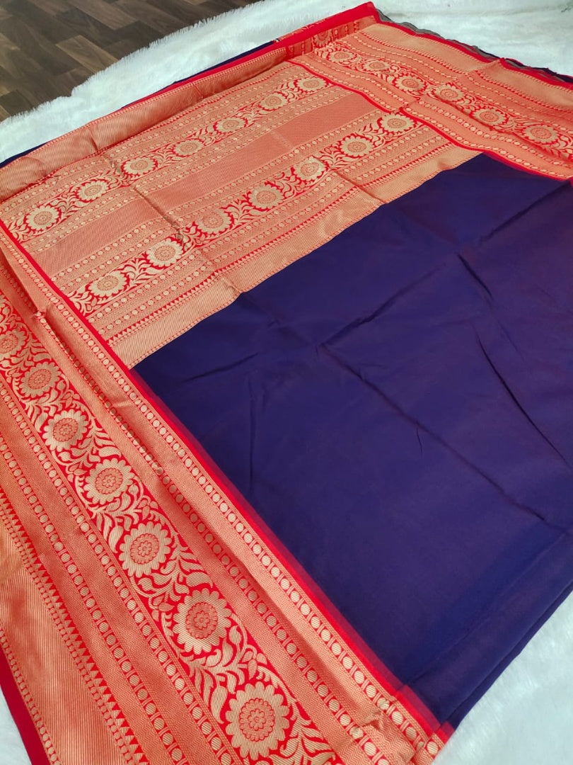 Blue soft lichi silk jacquard weaving work wedding saree